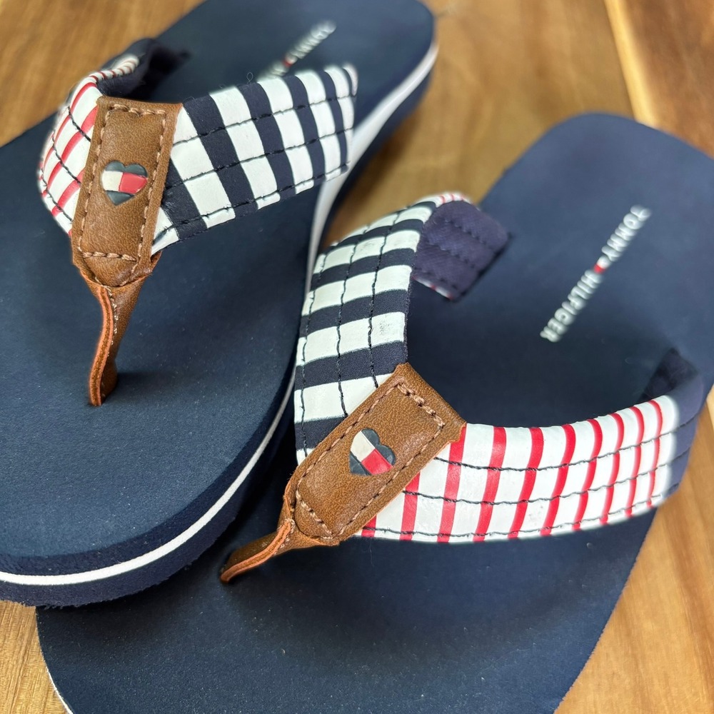 Tommy Hilfiger Kids Casey Flip Flops Navy Blue Red White Striped Sandals Size 12